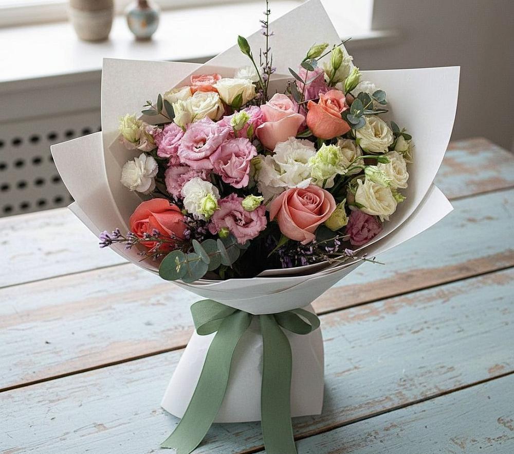 Букет цветов из: Розы, Лизиантусы и Гвоздики в Васильево