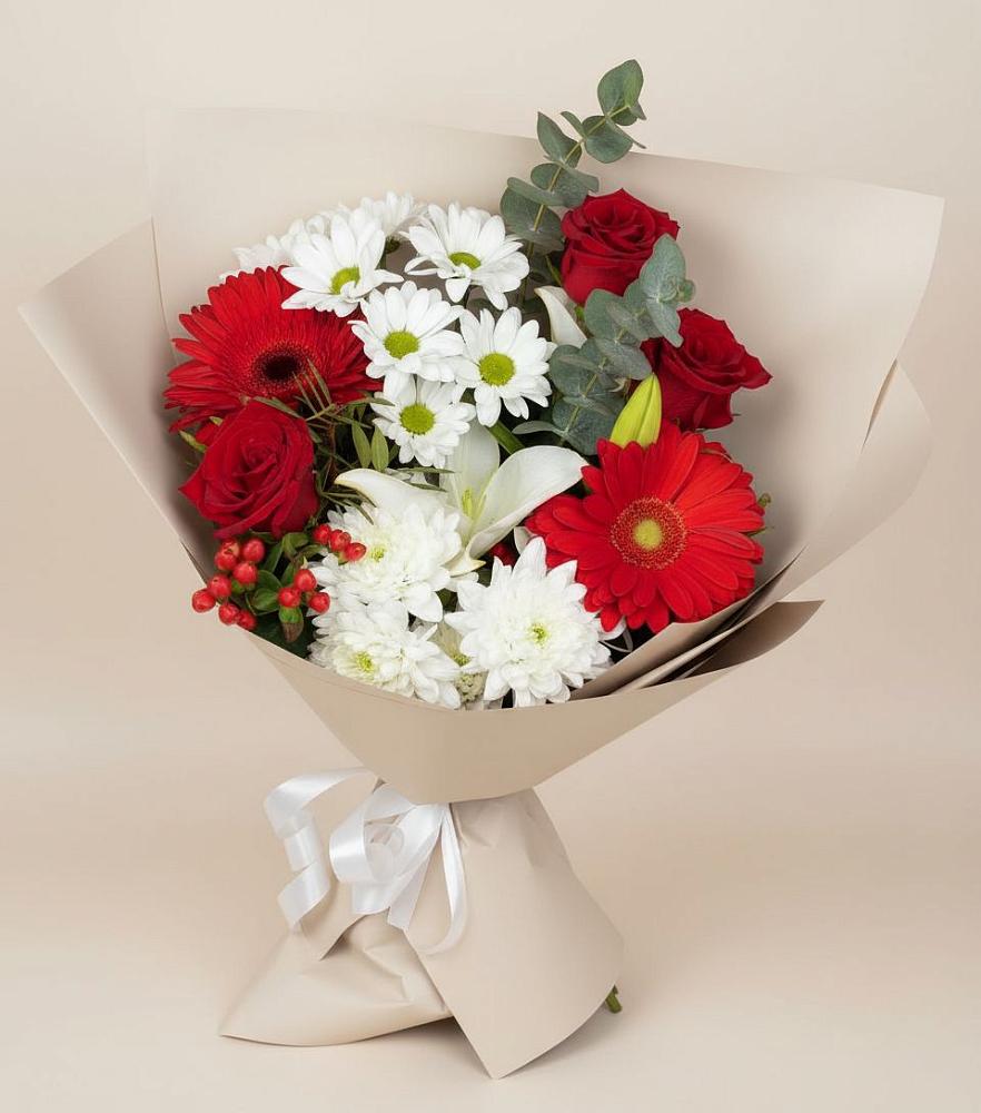 Букет цветов из: Розы, Хризантемы, Герберы и Лилии в Васильево