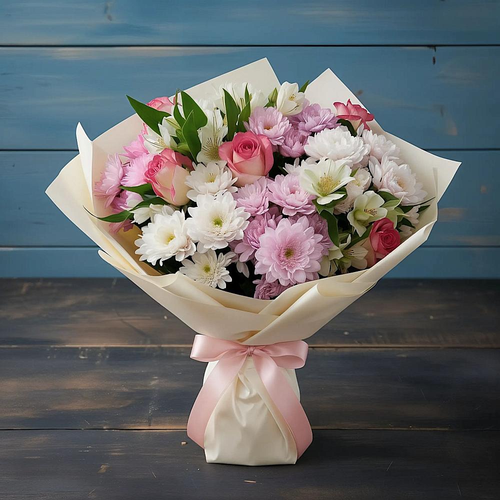 Букет цветов из: Хризантемы, Альстромерии и Розы в Васильево